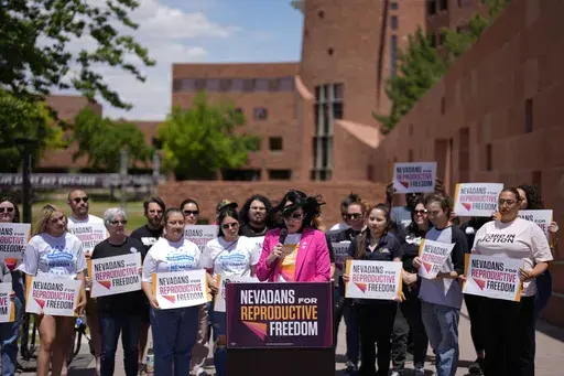 FILE -Lindsey Harmon, President, Nevadans for Reproductive Freedom, speaks during a news conference by Nevadans for Reproductive Freedom, Monday, May 20, 2024, in Las Vegas. A ballot question that would enshrine Nevada's abortion rights in the state constitution has met all of the requirements to appear in front of voters in November, the Nevada Secretary of State's office announced Friday, June 28, 2024. (AP Photo/John Locher, File)