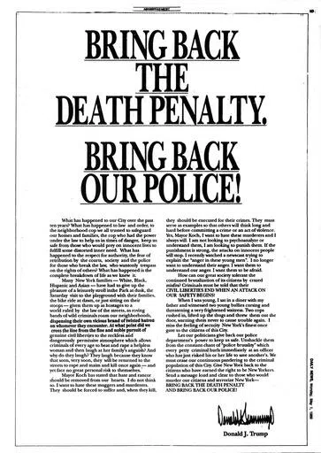 This image shows the May 1, 1989, full-page newspaper ad that Donald Trump famously took out in the New York Daily News calling for the execution of five Black and Latino youths, also known as the Central Park five, wrongly convicted in a vicious attack on a white female jogger. The case roiled racial tensions locally and many point to it as evidence of a criminal justice system prejudiced against defendants of color. (New York Daily News via AP)