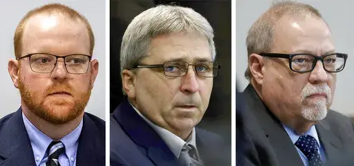 This photo combo shows, from left, Travis McMichael, William "Roddie" Bryan, and Gregory McMichael during their trial at at the Glynn County Courthouse in Brunswick, Ga.  The jury is deliberating in the federal hate crimes trial of three white men in the killing of Ahmaud Arbery. Jurors discussed the case for three hours Monday, Feb. 21, 2022,  and were to resume Tuesday morning. The three men are serving life sentences for the murder of the 25-year-old Black man.   (Pool, File)