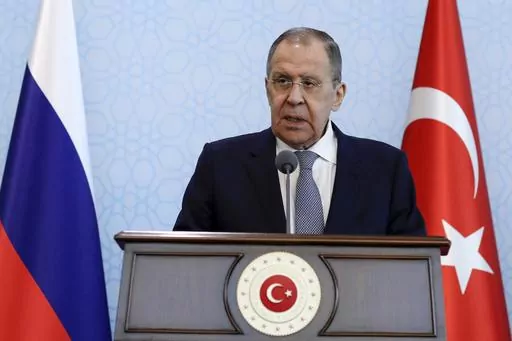 Russia's Foreign Minister Sergey Lavrov speaks during a joint news conference with Turkish Foreign Minister Mevlut Cavusoglu after their talks, in Ankara, Turkey, Friday, April 7, 2023. So far, the Russian presidency of the U.N. Security Council has been the most contentious in the memory of long-time U.N. diplomats and officials. More fireworks are to come later in the month when Lavrov presides over the premier event of the presidency — an open council meeting on defending the principles of 