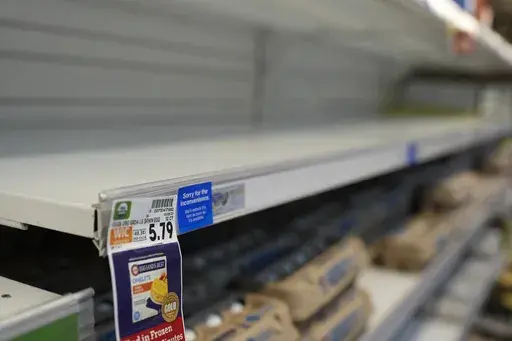 The price is displayed on the edge of an empty shelf used to display eggs at a grocery store, Feb. 12, 2025, in Nashville, Tenn. (AP Photo/George Walker IV, file)