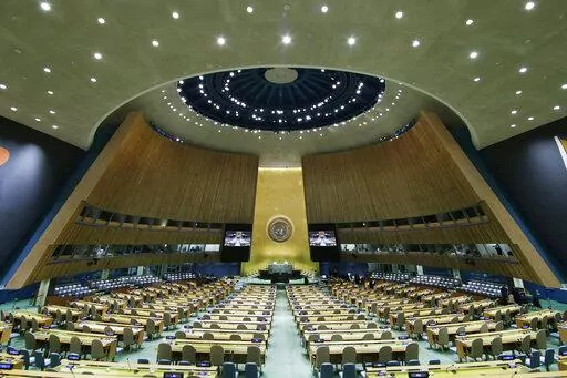 The United Nations General Assembly Hall sits empty before the start of the 76th Session of the General Assembly at U.N. headquarters on Sept. 20, 2021, in New York. A key U.N. committee has again blocked Myanmar’s military junta from taking the country’s seat at the United Nations, two well-informed U.N. diplomats said Wednesday, Dec. 14, 2022. (John Angelillo/Pool via AP, File)
