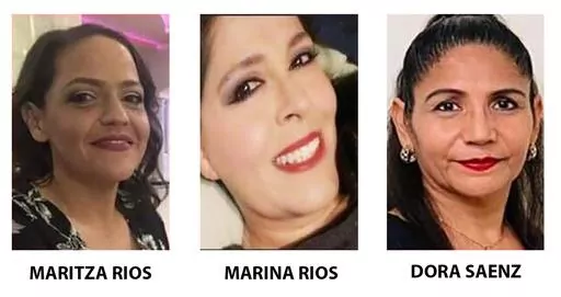 In these undated photos provided by the Penitas Police Department, from left are sisters Maritza Rios, 47, and Marina Rios, 48, and their friend, Dora Saenz, 53. On Friday, March 10, 2023, authorities said the three women haven't been heard from since traveling from Texas into Mexico on Feb. 24 to sell clothes at a flea market. (Courtesy of Penitas Police Department via AP)