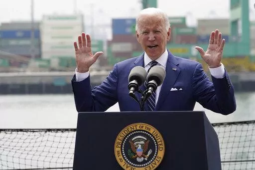 President Joe Biden speaks about inflation and supply chain issues at the Port of Los Angeles, Friday, June 10, 2022, in Los Angeles. (AP Photo/Damian Dovarganes)