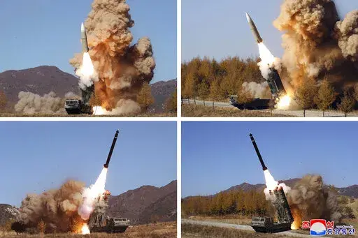 This combination of photos provided by the North Korean government, shows what they say military operation held during Nov. 2-5, 2022, in North Korea. Independent journalists were not given access to cover the event depicted in this image distributed by the North Korean government. The content of this image is as provided and cannot be independently verified. Korean language watermark on image as provided by source reads: "KCNA" which is the abbreviation for Korean Central News Agency. (Korean C