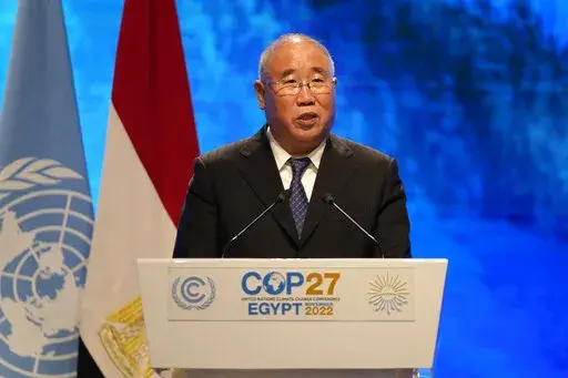 Xie Zhenhua, China's special envoy for climate, speaks at the COP27 U.N. Climate Summit, Tuesday, Nov. 8, 2022, in Sharm el-Sheikh, Egypt. (AP Photo/Peter Dejong)