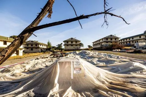 Labeled with asbestos and lead warnings, sheeting covers rubble from demolished barracks at Fort Ord on Thursday, April 29, 2021, in Fort Ord, Calif. In 1990, four years before it began the process of closing for active military training, Fort Ord was added to the Environmental Protection Agency’s list of the most polluted places in the nation. Included in that pollution were dozens of chemicals, some known to cause cancer, found in the base’s drinking water. (AP Photo/Noah Berger)