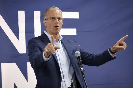 Sen. John Thune of South Dakota, speaks in support of Ohio Republican candidate for the United States Senate, Bernie Moreno (not pictured) during a bus tour stop for the Ohio Senate race in Columbus, Ohio, Monday, Oct. 28, 2024. (AP Photo/Joe Maiorana)