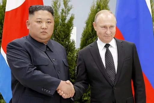 Russian President Vladimir Putin, right, and North Korea's leader Kim Jong Un shake hands during their meeting in Vladivostok, Russia, Thursday, April 25, 2019. A North Korean train presumably carrying North Korean leader Jong Un has departed for Russia for a possible meeting with Russian President Putin, South Korean media said Monday, Sept. 11, 2023. Citing unidentified South Korean government sources, the Chosun Ilbo newspaper reported that the train likely left the North Korean capital of Py