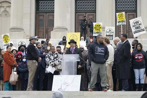 More than 200 people gather on the steps of the Mississippi Capitol on Jan. 31, 2023, to protest against a bill that would expand the patrol territory for the state-run Capitol Police within the majority-Black city of Jackson and create a new court with appointed rather than elected judges. (AP Photo/Rogelio V. Solis, File)