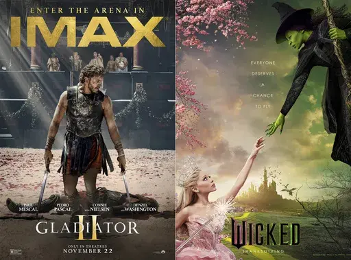 This combination of images shows promotional art for "Gladiator II," left, and "Wicked." (Paramount/Universal Pictures via AP)
