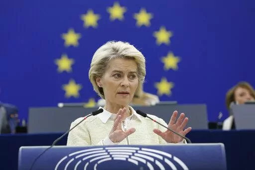 European Commission President Ursula von der Leyen delivers her speech during a debate on the social and economic consequences for the EU of the Russian war in Ukraine, Wednesday, May 4, 2022 at the European Parliament in Strasbourg, eastern France. (AP Photo/Jean-Francois Badias)