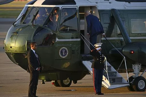 U.S. President Joe Biden boards Marine One at Moffett Airfield in Mountain View, Calif., Thursday, May 9, 2024. (Jose Carlos Fajardo/Pool Photo via AP)