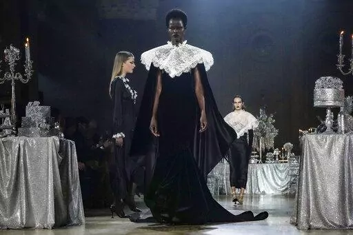 Fashion from Rodarte 2023 fall collection is modeled during Fashion Week, Friday Feb. 10, 2023 in New York. (AP Photo/Bebeto Matthews)