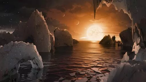 This image provided by NASA/JPL-Caltech shows an artist's conception of what the surface of the exoplanet TRAPPIST-1f may look like, based on available data about its diameter, mass and distances from the host star. The Webb Space Telescope has found no evidence of an atmosphere at one of the seven rocky, Earth-size worlds orbiting a nearby star. Scientists say that doesn't bode well for the rest of the planets in this solar system, some of which are in the sweet spot for harboring water and, th