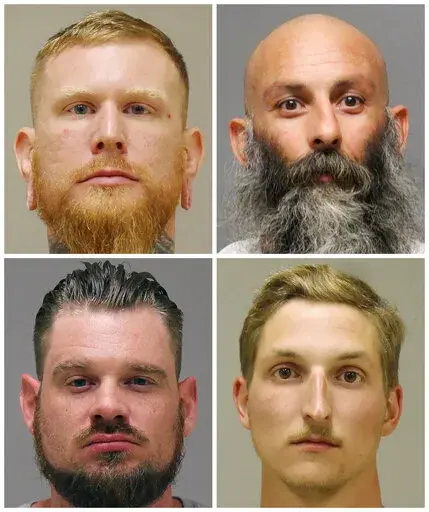 This combination of photos provided by the Kent County Sheriff and the Delaware Department of Justice shows, top row from left, Brandon Caserta and Barry Croft; and bottom row from left, Adam Dean Fox and Daniel Harris. The four members of anti-government groups are facing trial in March 2022 on federal charges accusing them in a plot to abduct Michigan's Democratic Gov. Gretchen Whitmer in 2020. Jury selection begins Tuesday, March 8, 2022, in a trial the presiding judge at the U.S. District Co