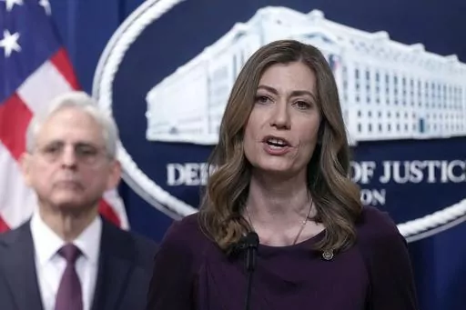 DEA Administrator Anne Milgram, right, with Attorney General Merrick Garland at left, speaks during a news conference at the Justice Department in Washington, Friday, April 14, 2023. The Justice Department has charged 28 members of Mexico’s powerful Sinaloa cartel, including sons of notorious drug lord Joaquin “El Chapo” Guzman, in a sprawling fentanyl-trafficking investigation. (AP Photo/Susan Walsh)