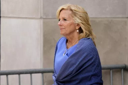 First lady Jill Biden departs from federal court, June 7, 2024, in Wilmington, Del. The Biden family has gone to great lengths to support Hunter Biden as he stands trial for lying on a federal gun-purchase form when he said he didn't have a drug problem. Jill Biden, Hunter Biden's mother, has been a regular presence in court, buttressed by a rotating cast of other family members. (AP Photo/Matt Slocum, File)