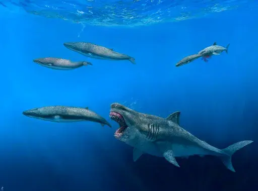 This illustration provided by J. J. Giraldo depicts a 16-meter (52-foot) Otodus megalodon shark predating on an 8-meter (26-foot) Balaenoptera whale in the Pliocene epoch, between 5.4 to 2.4 million years ago. At background right, a 4-meter (13-foot) Carcharodon shark seizes a 2.5-meter (8-foot) juvenile of the whale pod. The giant megalodon shark that roamed the oceans millions of years ago could have devoured a creature the size of a killer whale in just five bites, according to a study publis