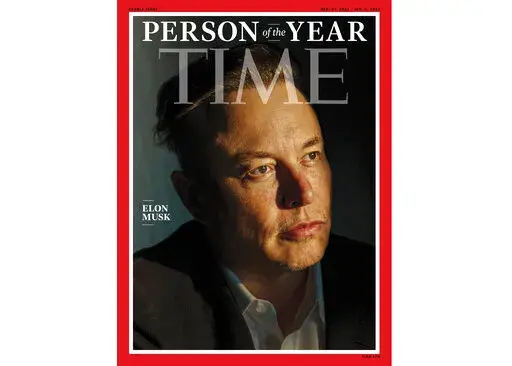 This photo provided by Time magazine shows Elon Musk on the cover of the magazine's Dec. 27 - Jan 3 double issue announcing Musk as their 2021 "Person of the Year." (Time via AP)