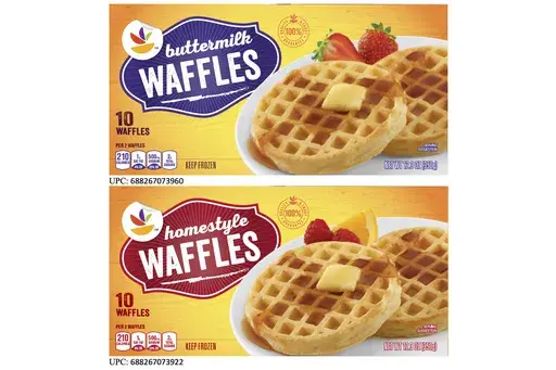 This image provided by TreeHouse Foods, Inc., shows the packaging of two styles of waffles, among hundreds of brands of frozen waffles, that are part of a voluntary recall because the products could be contaminated with dangerous listeria bacteria, the manufacturer, TreeHouse Foods, Inc.,, said Tuesday. (TreeHouse Foods, Inc. via AP)