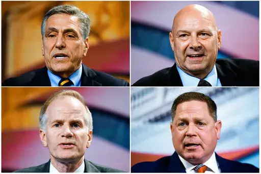 In this April 1, 2022 photo combination shown from top left are Lou Barletta, Pennsylvania state Sen. Doug Mastriano, R-Franklin, Bill McSwain and David White at a forum for Republican candidates for governor of Pennsylvania at the Pennsylvania Leadership Conference in Camp Hill, Pa. All four leading Republicans in Pennsylvania's governor's race have vowed to ban abortion if given the chance. (AP Photo/Matt Rourke, File)