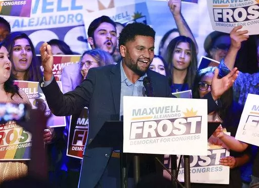 Democratic candidate for Florida's 10th Congressional District Maxwell Frost speaks as he celebrates with supporters during a victory party at The Abbey in Orlando, Fla., on Tuesday, Nov. 8, 2022. (Stephen M. Dowell/Orlando Sentinel, via AP)
