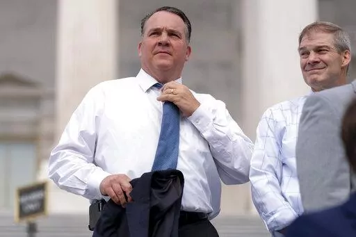 Rep. Alexander Mooney, R-W.Va., left, and Rep. Jim Jordan, R-Ohio, right, appear at a news conference on the steps of the Capitol in Washington, July 29, 2021. The May 10 primary contest in West Virginia's 2nd Congressional District between Republican colleagues Rep. Alex Mooney and Rep. David McKinley is a test of former Donald Trump’s clout in the state. McKinley voted to pass the infrastructure bill and was condemned by both Trump and Mooney for doing so. (AP Photo/Andrew Harnik, File)