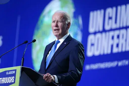 President Joe Biden speaks during the "Accelerating Clean Technology Innovation and Deployment" event at the COP26 U.N. Climate Summit, Nov. 2, 2021, in Glasgow, Scotland.  A federal appeals court has revived a Biden administration effort to put greater emphasis on potential damage from greenhouse gas emissions when creating rules for polluting industries. A Louisiana-based federal judge had blocked the so-called “social cost of carbon” policy last month, saying it would bring costly regulat