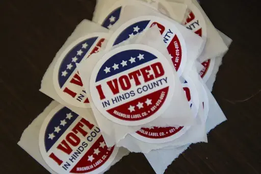 I Voted stickers at Willie Morris Library, Precinct 34, in Jackson, Miss., on Tuesday, Mar. 12, 2024. (Lauren Witte/The Clarion-Ledger via AP, File)