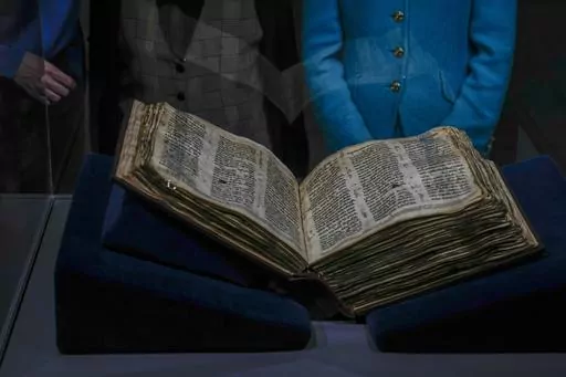 The Codex Sassoon 1,100-year-old Hebrew Bible is on display at the Tel Aviv's ANU Museum of the Jewish People for a week-long exhibition of the manuscript, part of a whirlwind worldwide tour of the artifact in the United Kingdom, Israel and the United States before its expected sale, Israel, Wednesday, March 22, 2023. One of the oldest surviving biblical manuscripts is up for sale — for a cool $30 million. The Codex Sassoon is a nearly complete 1,100-year-old Hebrew Bible. Sotheby's is putting