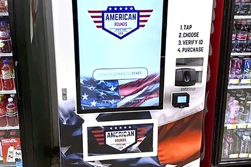 This undated photo provided by American Rounds shows a vending machine that sell ammunition in several locations across the United States. The machines scan a customers’ drivers license and uses facial scanning to verify a purchaser’s identity and that they are at least 21. (American Rounds via AP)