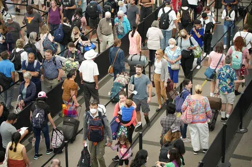 Travelers queue up at the south security checkpoint in Denver International Airport as the Labor Day holiday approaches Tuesday, Aug. 30, 2022, in Denver.  If you want to save money and avoid the airport crowds during the holiday season, you’ll want to fly on the holiday itself or several days before and after it. NerdWallet analyzed the Transportation Security Administration’s data of passengers screened at U.S. airports and found the Sunday after Thanksgiving and Dec. 23 to be two of the b