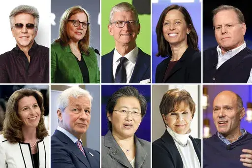 This combination photo shows the highest paid male and female CEOs in the S&P 500 index for 2021, as calculated by The Associated Press and Equilar, an executive data firm. Top row, from left, Bill McDermott of ServiceNow, Mary Barra of General Motors, Tim Cook of Apple, Adena Friedman of Nasdaq, and David Zaslav of Warner Bros. Discovery. Bottom row, from left, Kathy Warden of Northrop Grumman, Jamie Dimon of JPMorgan Chase, Lisa Su of Advanced Micro Devices, Phebe Novakovic of General Dynamics