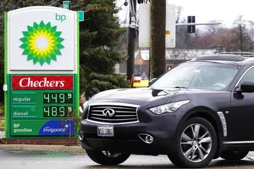 Gas prices are displayed at a BP gas station in Elgin, Ill., on March 19, 2022. Just as Americans gear up for summer road trips, the price of oil remains stubbornly high, pushing prices at the gas pump to painful heights. AAA said Tuesday, May 10, 2022, drivers are paying $4.37 for a gallon of regular gasoline. (AP Photo/Nam Y. Huh, File)