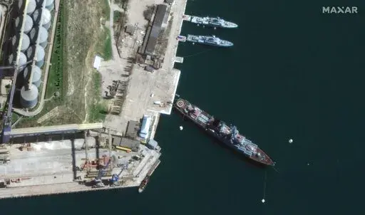 This satellite image provided by Maxar Technologies shows cruiser Moskva in port Sevastopol in Crimea on April 7, 2022. (Satellite image ©2022 Maxar Technologies via AP)