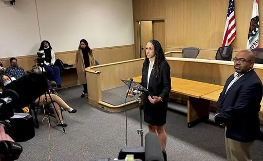 San Francisco Attorney Brooke Jenkins speaks to reporters Tuesday, May 2, 2023, in San Francisco, after Nima Momeni's arraignment was postponed for a third time. Momeni is accused of fatally stabbing Cash App founder Bob Lee. (AP Photo/Terry Chea)