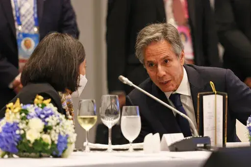 U.S. Secretary of State Antony Blinken takes part in a working lunch at the 33rd APEC Ministerial Meeting (AMM) during the Asia-Pacific Economic Cooperation (APEC) summit, Thursday, Nov. 17, 2022, in Bangkok, Thailand. (Jack Taylor/Pool Photo via AP)