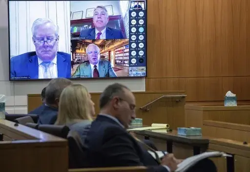 Mark Meadows, left, Stephen Binhak and Jim Eastman appear virtually during a pre-trial hearing in the fake electors case in Maricopa County Superior Court on Wednesday, Aug 28, 2024, in Phoenix. (Cheryl Evans/The Daily News-Sun via AP, Pool)