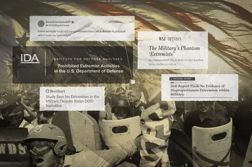 A photo illustration highlighting a Pentagon-funded study that used old data to conclude incorrectly that extremism is not a problem in the military.