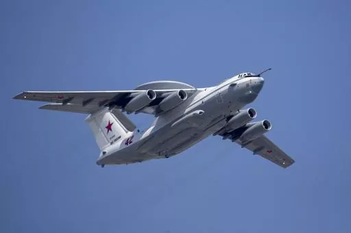 A Russian Beriev A-50 airborne early warning and control plain flies over Red Square during a rehearsal for the Victory Day military parade in Moscow, Russia, on May 7, 2019. Ukraine’s military chief is claiming that the Ukrainian air force has shot down a Russian Beriev A-50 early warning and control plane and an IL-22 command center aircraft. (AP Photo/Alexander Zemlianichenko, Pool, File)