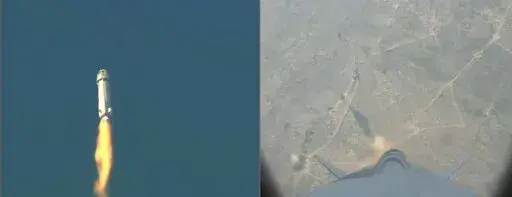 This image provided by Blue Origin shows a split screen of the New Shepard rocket before a launch failure on Monday, Sept. 12, 2022. Jeff Bezos' rocket company has suffered its first launch failure. No one was aboard, only science experiments. The Blue Origin rocket veered off course over West Texas about 1 1/2 minutes after liftoff Monday. (Blue Origin via AP)