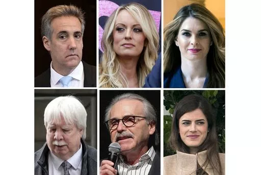 This combination photo shows, top row from left, Michael Cohen on May 14, 2024, in New York, Stormy Daniels on May 23, 2018, in West Hollywood, Calif., Hope Hick on Feb. 27, 2018, in Washington, and bottom row from left, Jeffrey McConney on Nov. 15, 2022, in New York, David Pecker on Jan. 31, 2014, in New York and Madeleine Westerhout on April 2, 2018, in Washington. After 22 witnesses, testimony is over at former President Donald Trump's criminal trial in New York. Prosecutors and Trump's lawye