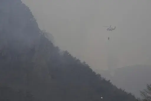 A helicopter dumps water on a mountain after a wildfire broke out in Cheongsong, South Korea, Thursday, March 27, 2025. (AP Photo/Ahn Young-joon)