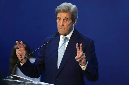 U.S. Special Presidential Envoy for Climate John Kerry speaks during a session at the COP27 U.N. Climate Summit, Wednesday, Nov. 9, 2022, in Sharm el-Sheikh, Egypt. (AP Photo/Peter Dejong)