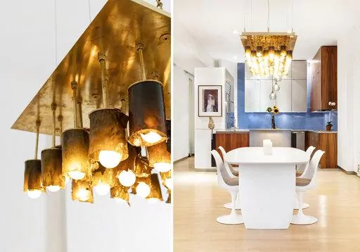 This combination of photos released by NEA Studio shows a chandelier made from dried algae from designer Nina Edwards Ankers. Ankers is one of many designers in decor and fashion who are thinking beyond traditional materials. They're finding ways to meld beautiful design with sustainable sourcing and production methods. (NEA Studio via AP)