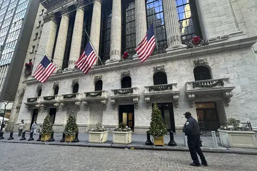 The New York Stock Exchange is shown in New York's Financial District on Dec. 31, 2024. American flags flew at half-staff there following the death of former U.S. president Jimmy Carter. (AP Photo/Peter Morgan, File)