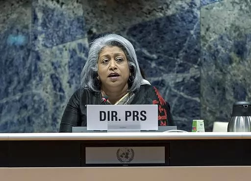 Dr Gaya Gamhewage, WHO Director, Prevention of and Response to Sexual Misconduct, speaks during the 76th World Health Assembly in Geneva, Switzerland, May 25, 2023. Internal documents obtained by The Associated Press show that the World Health Organisation has paid $250 each to at least 104 women in Congo who say they were sexually abused or exploited by Ebola outbreak responders. That amount is less than what some U.N. officials are given for a single day's expenses when working in Congo. (Anto
