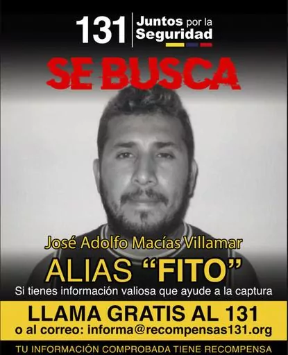 This wanted poster posted on Tuesday, Jan. 9, 2024 on X formerly known as Twitter, by Ecuador's Ministry of Interior, shows José Adolfo Macías Villamar, leader of Los Choneros gang. Macías was discovered missing on Sunday from a Guayaquil prison cell where he was serving a 34-year sentence for drug trafficking. Also known by the alias “Fito,” Macías is on the country's most wanted list and a reward is being offered for information that helps find his whereabouts. (Ecuador's Ministry of I