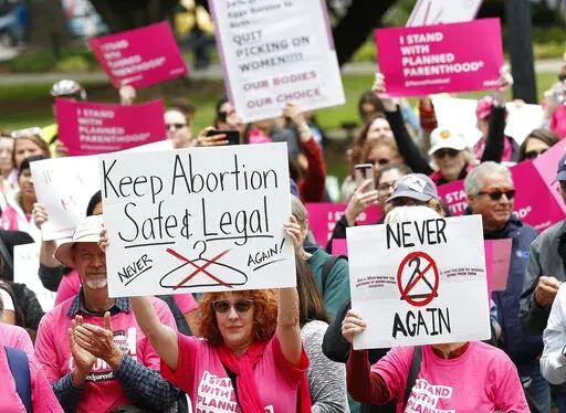 People rally in support of abortion rights at the state Capitol in Sacramento, Calif., May 21, 2019. A bill announced, Thursday, March 3, 3022, by Senate President Pro Team Toni Atkins, a Democrat, that would let nurse practitioners who have the required training to perform first trimester abortions without the supervision by a doctor. (AP Photo/Rich Pedroncelli, File)